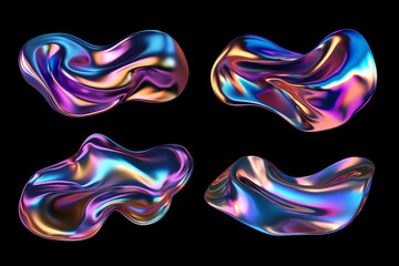 Wall Mural - bold holographic metal shapes isolated. futuristic colorful melted liquid metal forms
