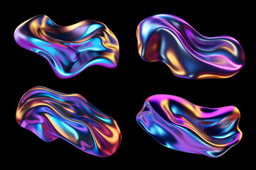 Wall Mural - bold holographic metal shapes isolated. futuristic colorful melted liquid metal forms