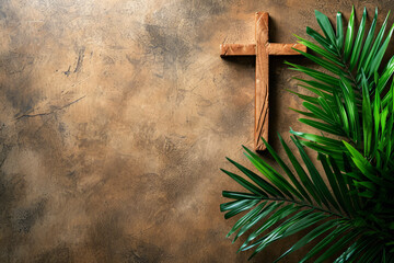 Wall Mural - overhead view of a religious cross with palm leaves. Easter palm sunday background