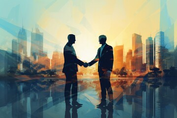 Wall Mural - Silhouette business people shaking hands. Double exposure. Cityscape. Illustration