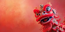 Chinese Lion Dance On A Red Background With Copy Space For Text.