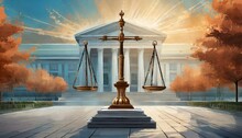 Fairness Scales Of Justice Against Court House Building Background Banner, Concept Of Business Financial Protection By Law