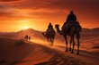 © Larisa AI - Against the backdrop of a fiery sunset, a caravan of adventurers traverses the vast desert on majestic arabian camels, their silhouettes etched against the aeolian landforms as they journey through t