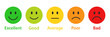 Rating emojis set in different colors. Feedback emoticons collection. Excellent, good, average, poor, bad emoji icons. Flat icon set of rating and feedback emojis icons in various colors.