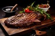 A mouthwatering T-bone steak, grilled to a juicy medium doneness, adorned with grill marks and a sprinkle of salt.