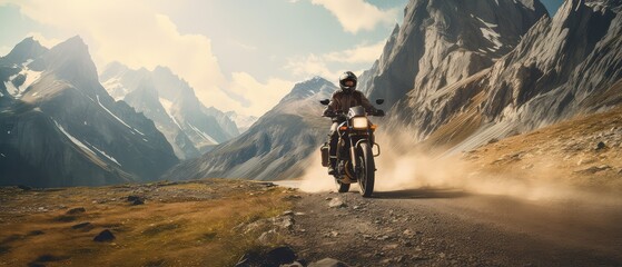 Wall Mural - Motorcycle. Professional motorbike rider, riding with high speed in the mountains. Way. Concept of motosport, speed, hobby, journey, activity. Motorcyclist riding on mountain road at sunset. Sport