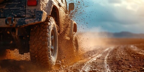 Off road car is driving fast by a dirty road