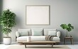 © your_inspiration - Minimalistic interior design. Stylish living room interior style with mock up frame above single sofa. Wood, plants, natural off white colors. AI Generative.
