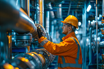 Wall Mural - Male worker inspecting steel long pipes and pipe bends in factory of the oil refining and gas industry. Place for text