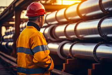 Wall Mural - Male worker inspecting steel long pipes and pipe bends in factory of the oil refining and gas industry. Place for text