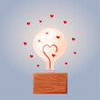 Love glowing lamp on wooden stand with backlight in the form of hearts on blue background. Lamp for Valentine's day or for wedding. Cute casual lamp for postcards, banners, printing