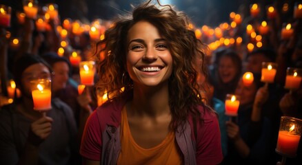 A radiant woman stands surrounded by flickering candles, her beaming smile a symbol of hope and resilience as she stands vigil in the peaceful outdoor setting