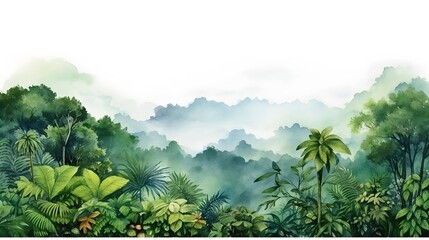 Rainforest, ecology, nature, bio-diversity background. Water color drawing of tropical rain forest. Wide format