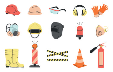 Sticker - Flat safety equipment. Security and work warning symbols. Personal protection, helmet and gloves, eyeglasses, road cone. Decent vector elements