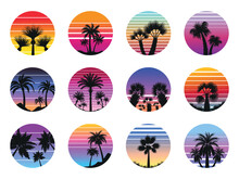 Retro Palm Tree Sunrise. Exotic Abstract Landscape, Vintage Style Summer Beach Badges. Decorative Palms Silhouettes, Neoteric Vector Set