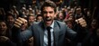 © Larisa AI - A well-dressed gentleman captivates a crowd with his infectious smile and confident presence, his open mouth conveying a powerful message as he stands amongst them in a stylish suit