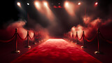 Fototapeta Londyn - Red carpet on the stairs on dark background, the way to glory, victory and success