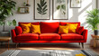 Vibrant red sofa with yellow cushions in modern room