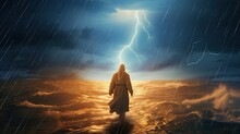 Jesus Walks Towards The Light On The Water During A Violent Storm. See A Miracle. The Concept Of Divine Power And Faith. Flash Of Lightning On Dark Background. Illustration For Varied Design.