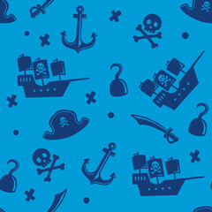 Illustration of pirate skull pattern, ship, sword, pirate hat with cute characters, flat design and blue background. Suitable for wrapping paper, tablecloths, children's clothes, etc