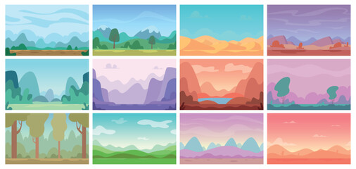 Sticker - Game backgrounds. Flat colors nature landscapes exact vector illustrations