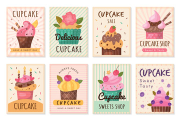 Canvas Print - Cupcakes cards. Design decorative cards bakery dessert products recent vector muffins