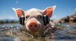 An immersed domestic pig bobs in the tranquil waters, grooving to the rhythm of the sky with its snout snugly nestled in headphones