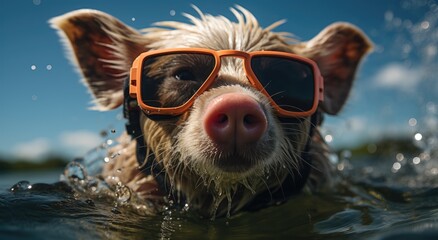 Wall Mural - A cool and confident pig floats in the crystal clear water, sporting stylish sunglasses as a playful dog looks on under the bright blue sky