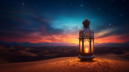 Wall Mural - The light of Ramadan. Illustration of lanterns in the desert shining at night during Ramadan.	