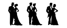 Victorian Man And Woman Silhouette. Vector Illustration Couple Wedding Dancing Dance Ball Gentleman And Lady Retro Set 