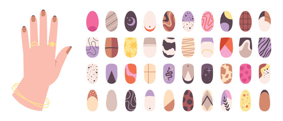 Manicure ideas. Creative nail art design, various templates for beauty salon. Creativity nails palette, modern trendy hand manicured, racy vector set