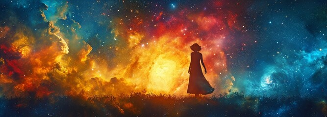 cosmic metahuman goddess spirit silhouette against a background of galaxies, vibrant new spiritual
