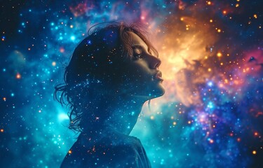 cosmic metahuman goddess spirit silhouette against a background of galaxies, vibrant new spiritual