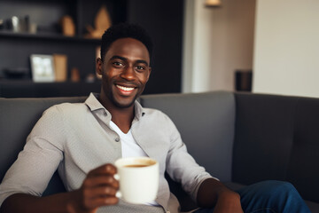 Wall Mural - African American man drinking coffee sitting on sofa at home