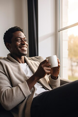 Wall Mural - African American man drinking coffee sitting on sofa at home