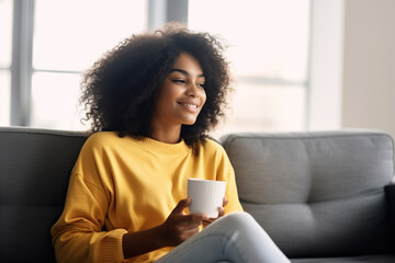 Wall Mural - African American woman drinking coffee sitting on sofa at home