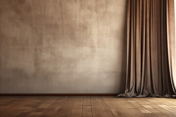 Wall Mural - Empty home interior mock-up with old grunge brown wall, wooden floor and linen curtain