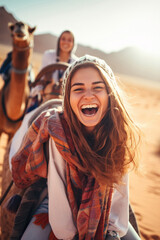 Wall Mural - Happy female tourist having fun enjoying group camel ride tour in the desert.