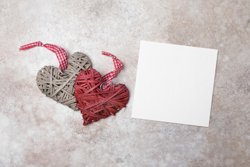 Saint Valentines Day card mockup with two hearts decor, flat lay with copy space