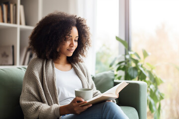 Poster - Pensive relaxed African American woman reading a book at home, drinking coffee sitting on the couch. Copy space