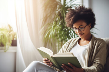 Poster - Pensive relaxed African American woman reading a book at home, drinking coffee sitting on the couch. Copy space