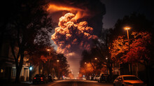 Large Cloud Of Smoke Or Ash Rises High Into The Sky Over A City Street, With Cars Parked On The Side Of The Road.