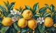 Border with vintage citrus flowers and lemon branches on orange background. Floral frame with tropical fruits. Watercolour summer or spring template,tropical vintage postcard, banner, mockup
