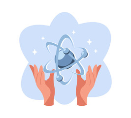 Two hands holding physical particle of an atom. Nuclear and electron. Chemistry or physics research. Movement on orbit. Education symbol. Cartoon flat vector atomic technology concept