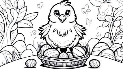 Wall Mural - Cute little bunny and chicks with basket full of spring flowers and eggs. Happy Easter greeting black and white illustration for coloring book page.