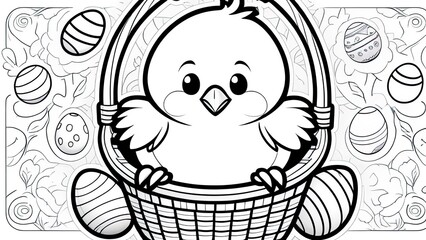 Wall Mural - Cute little bunny and chicks with basket full of spring flowers and eggs. Happy Easter greeting black and white illustration for coloring book page.
