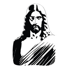 Jesus Christ portrait silhouette of black white inking drawing. Painted with ink brush. Son of God from mount Golgotha. Hand drawn art sketch. Vector. 