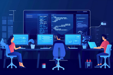 a scene of developers performing a security patch update, secure software development drawings, flat