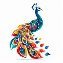 An Abstract Peacock With Colorful Feather Circles, Logo On White Background