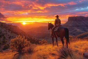 Cowboy on horse at bright sunset in desert. Wild West concept